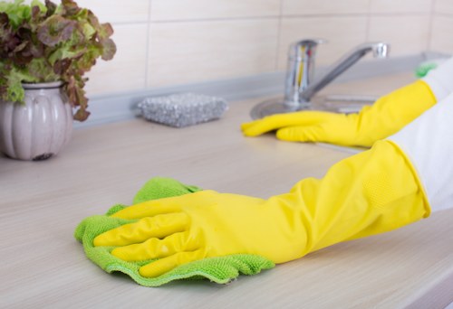 House cleaning team servicing a home in SE8 with organized supplies